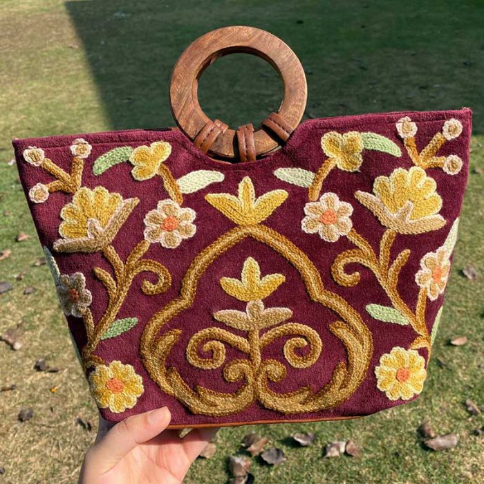 Handcrafted crewel handbag with velvet base kashmir