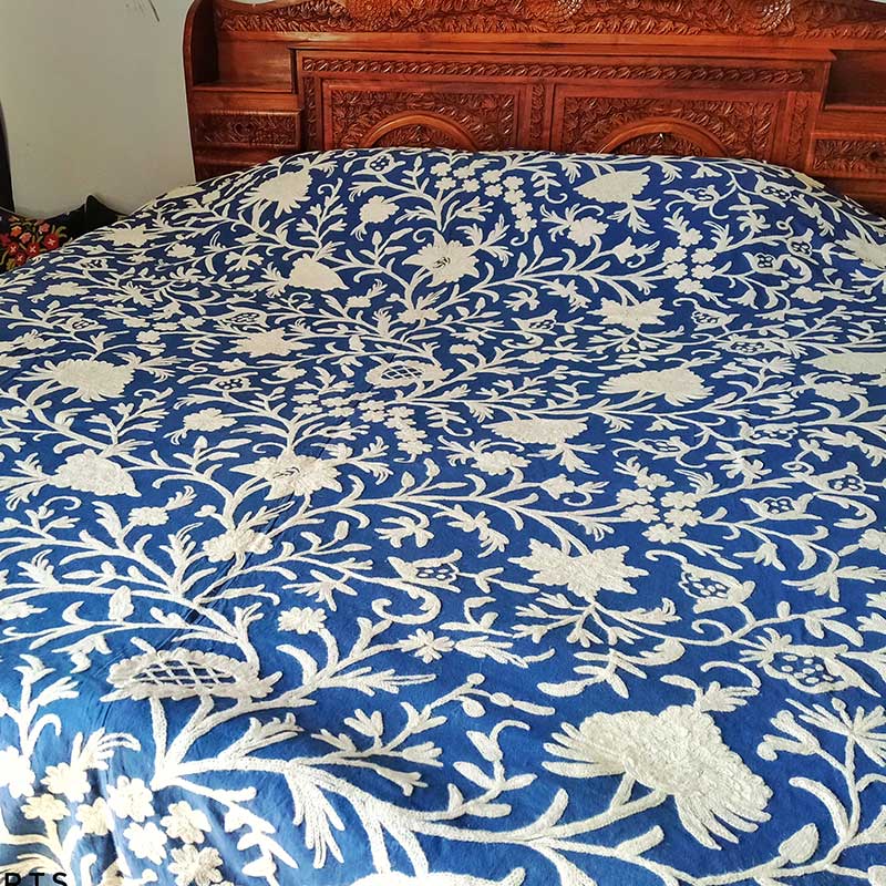 white crewel blue kashmir bedsheet