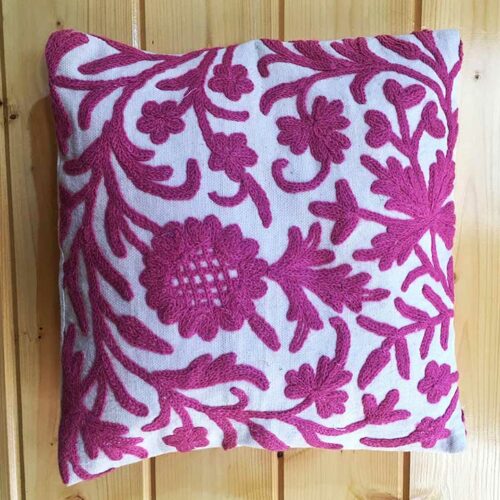 Pink on White handmade cushion cover from Kashmir India