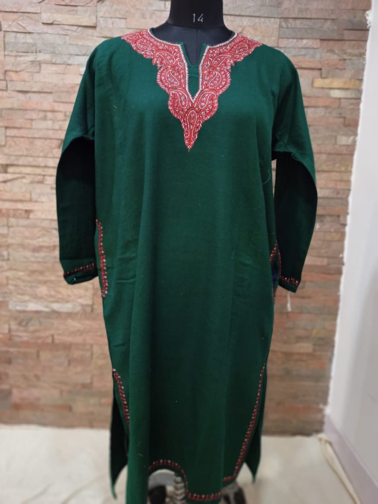 Dark Green Pure Raffal Pheran in Sozni Hand Embroidery