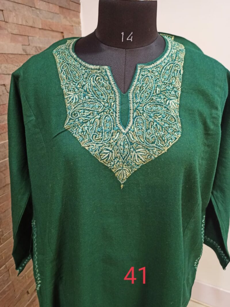Green Pure Raffal Pheran in Sozni Hand Embroidery