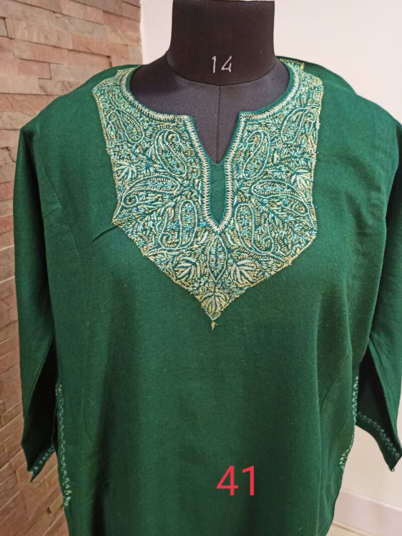 Green Pure Raffal Pheran in Sozni Hand Embroidery