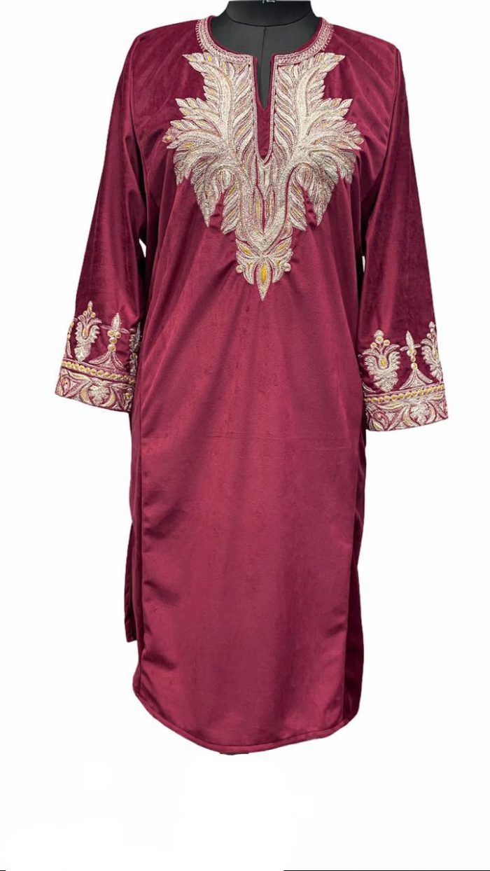 Maroon Velvet Tillawork Pheran