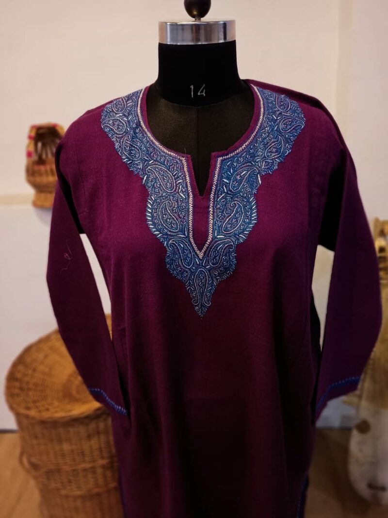 Purple Pure Raffal Pheran in beautiful Sozni Hand Embroidery