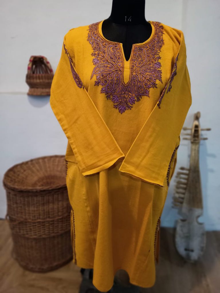 Mustard Pure Raffal Pheran in Sozni Hand Embroidery