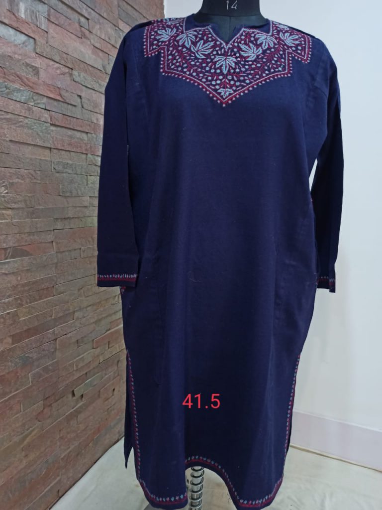 Navy Blue Pure Raffal Pheran in Sozni Hand Embroidery