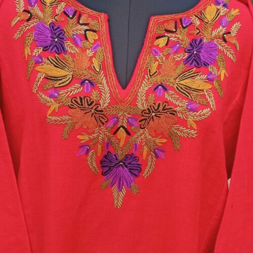 Red Pure Raffal Pheran with Ari Hand Embroidery