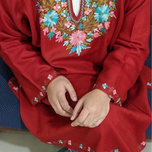Red Pure Wool Pheran With Hand Aari Embroidery