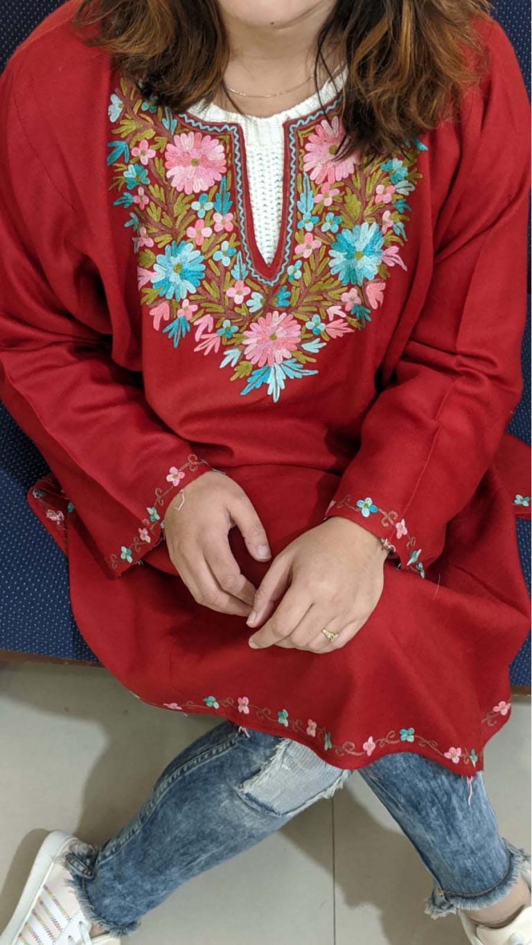 Red Pure Wool Pheran With Hand Aari Embroidery