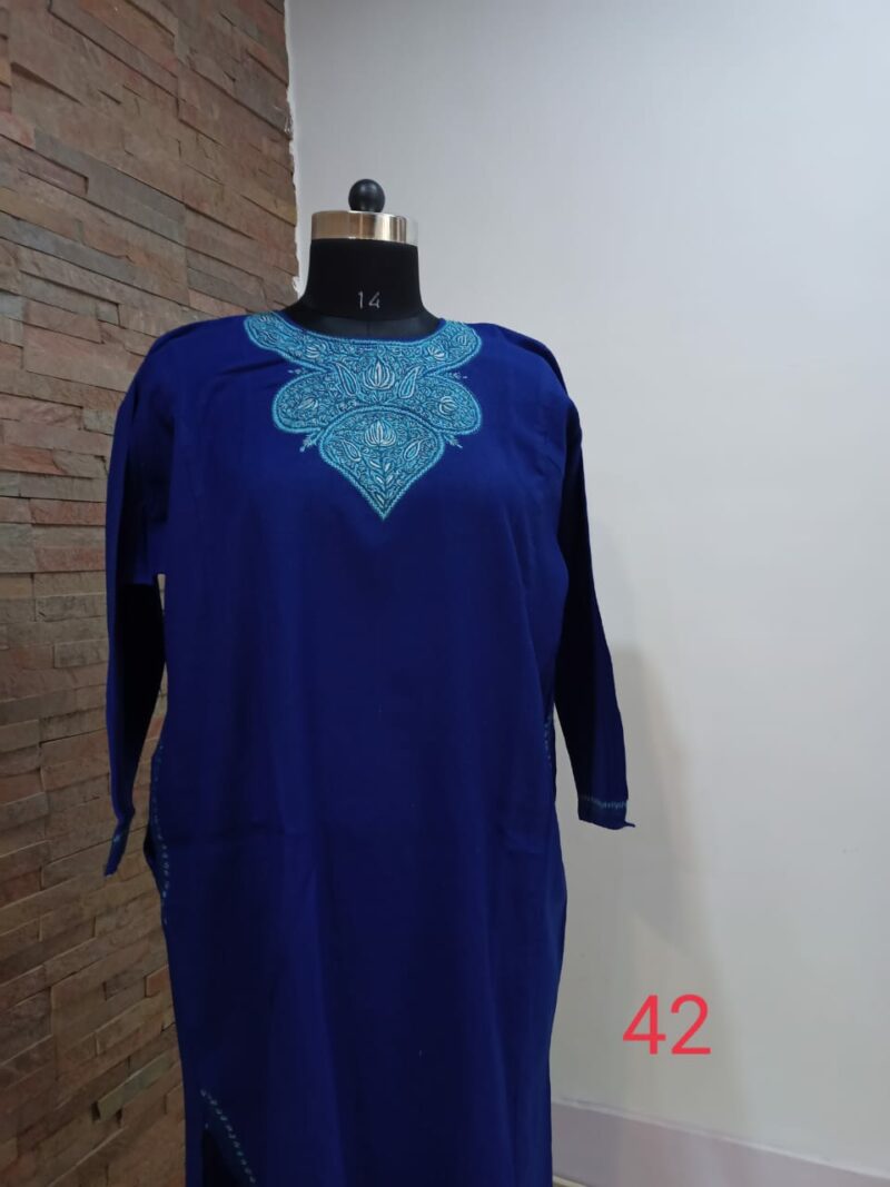 Royal Blue Pure Raffal Pheran in Sozni Hand Embroidery