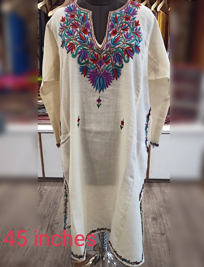 White Pure Wool Pheran With Naaldar Hand Aari Embroidery