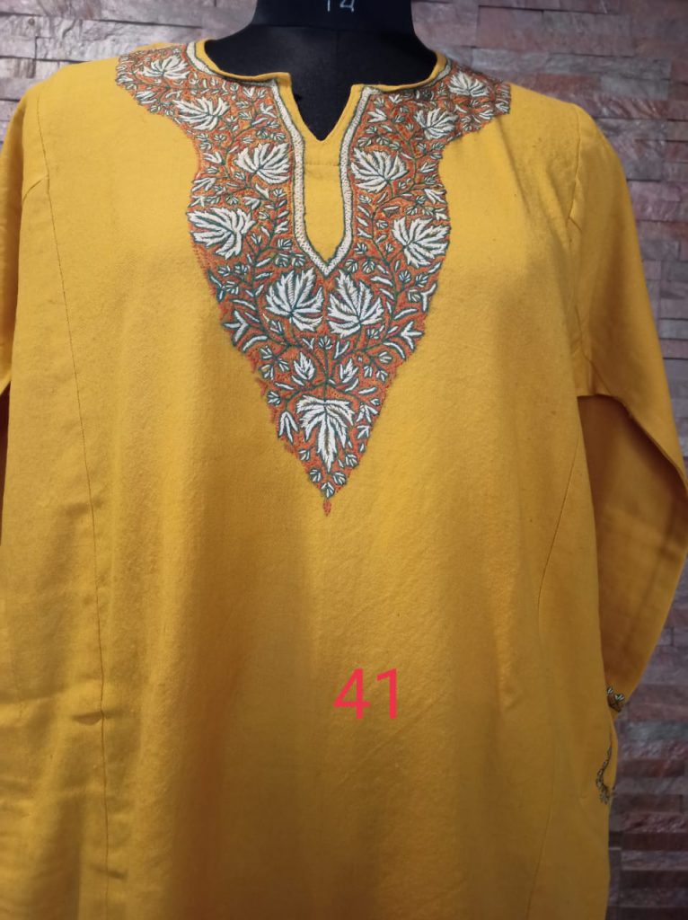 Yellow Pure Raffal Pheran in Sozni Hand Embroidery