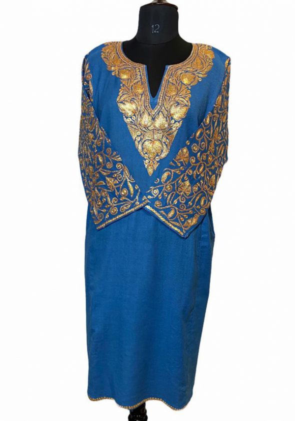 Blue Wool Pheran with Extensive Tilla Work