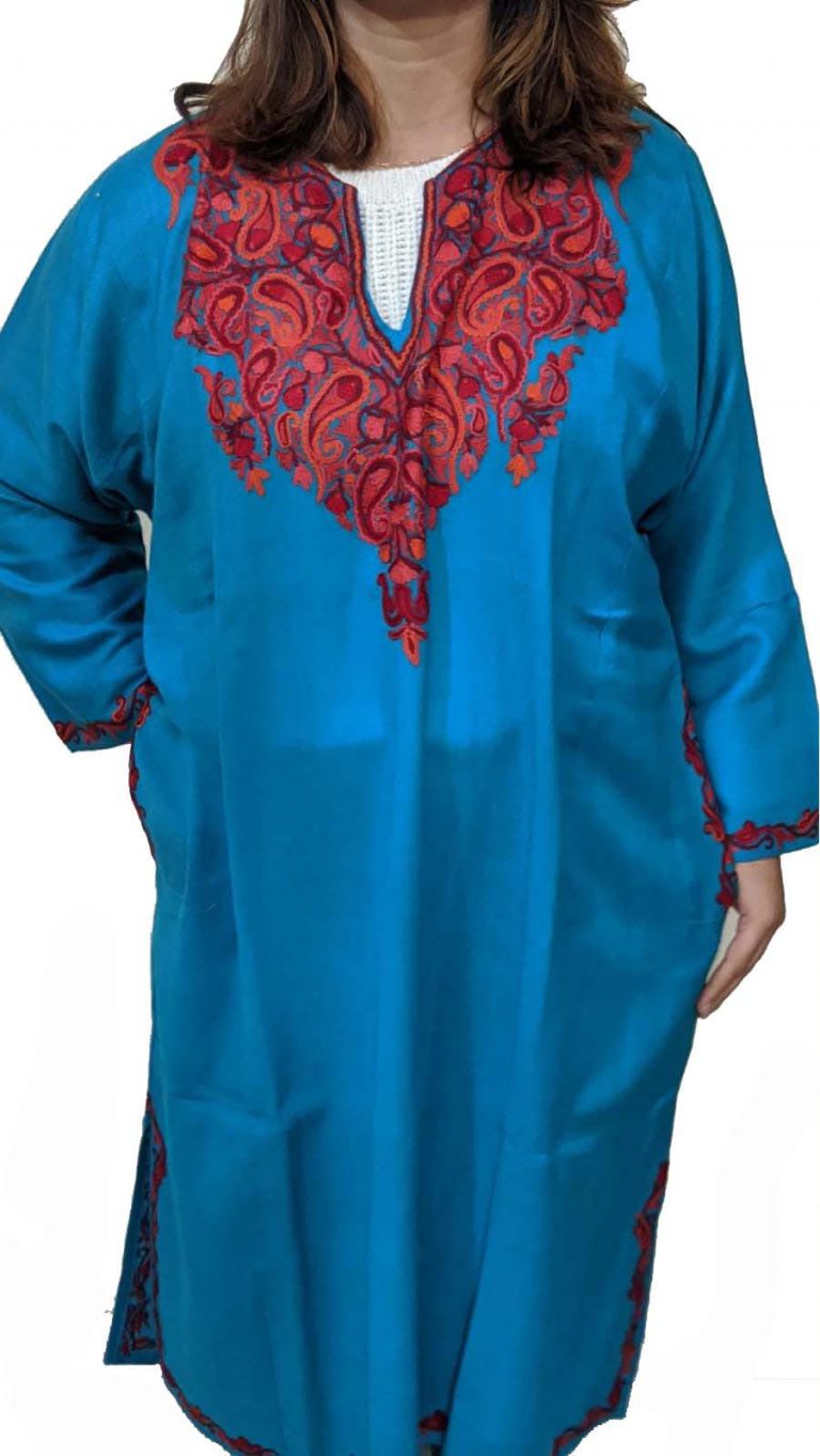 Blue Pure Wool Pheran With Hand Aari Embroidery
