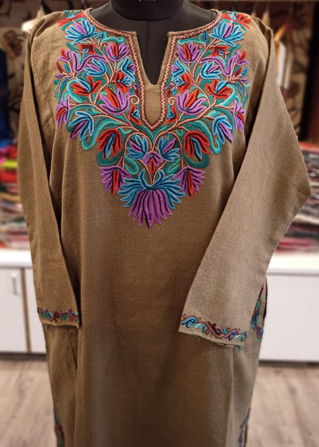 Brown Pure Wool Pheran With Naaldar Hand Aari Embroidery