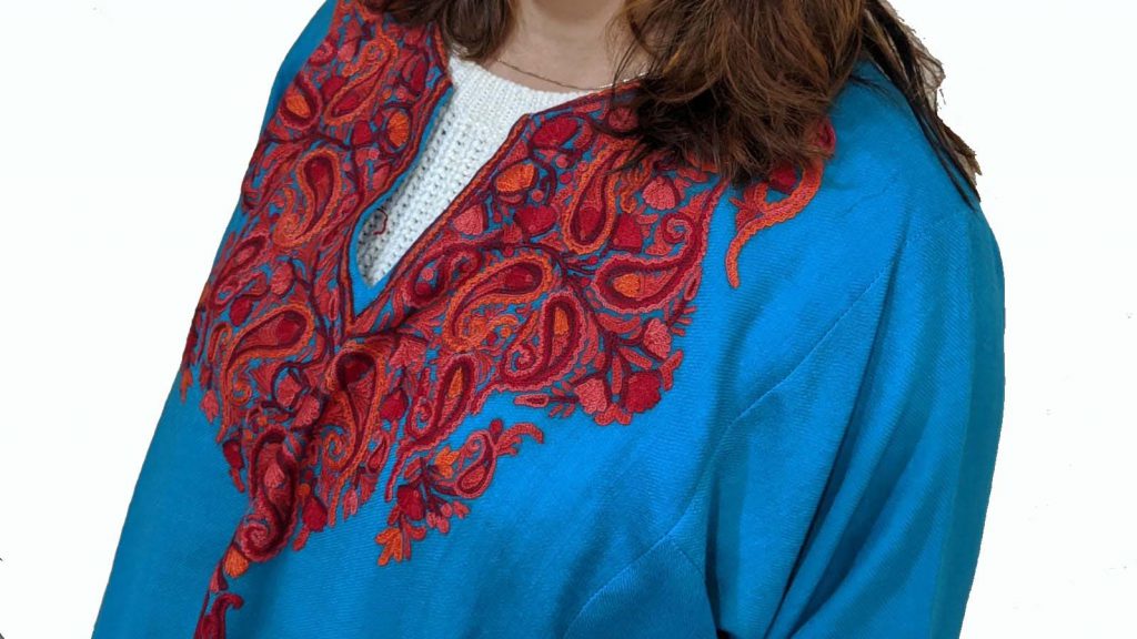 Blue Pure Wool Pheran With Hand Aari Embroidery
