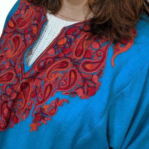 Blue Pure Wool Pheran With Hand Aari Embroidery