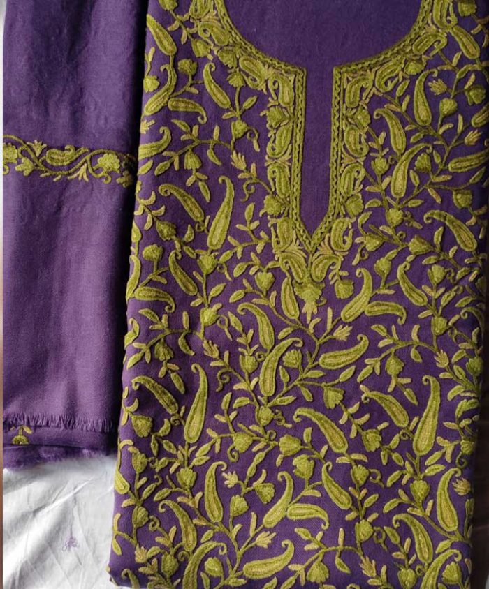 Purple Poly Wool Suit With Ari Hand Work With Allover Design and Stole
