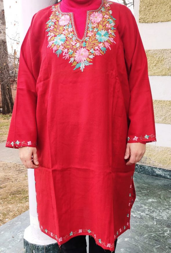 Red Pure Wool Pheran With Hand Aari Embroidery