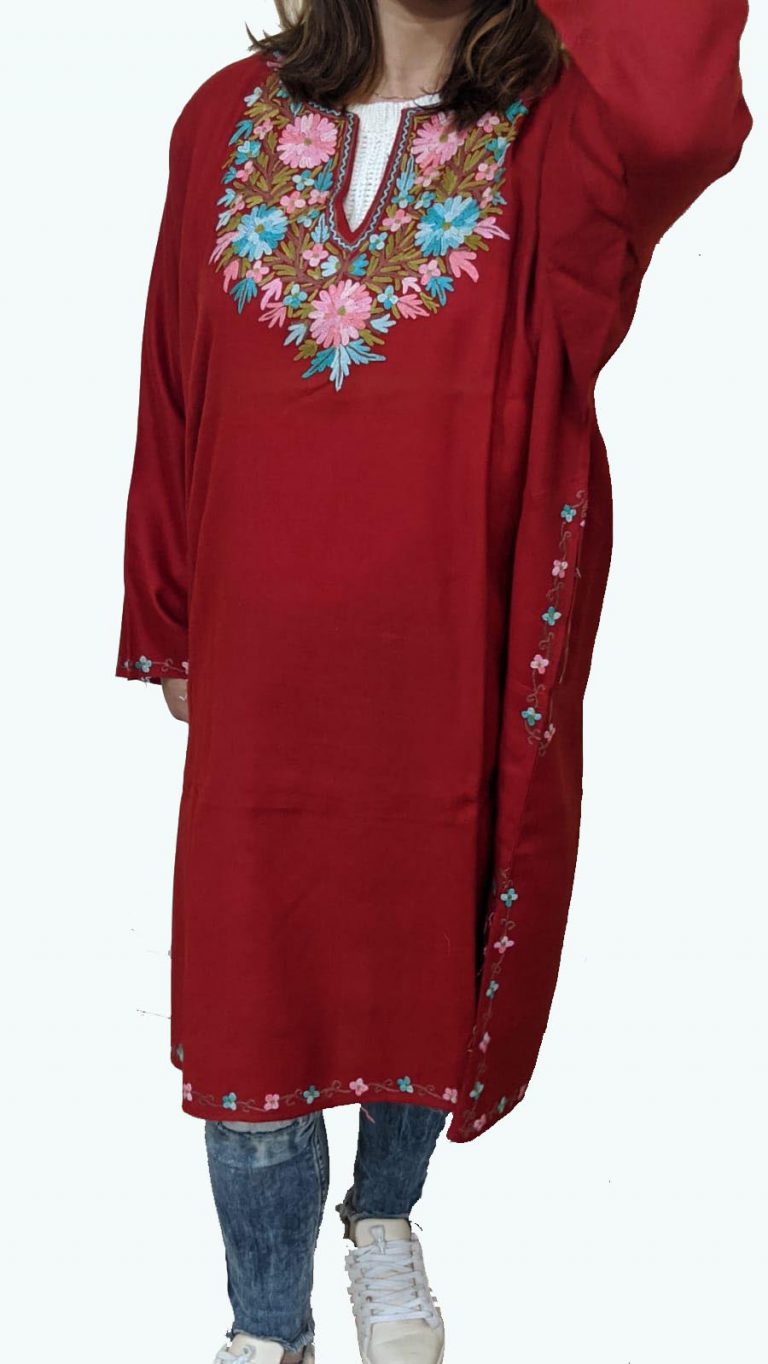 Red Pure Wool Pheran With Hand Aari Embroidery