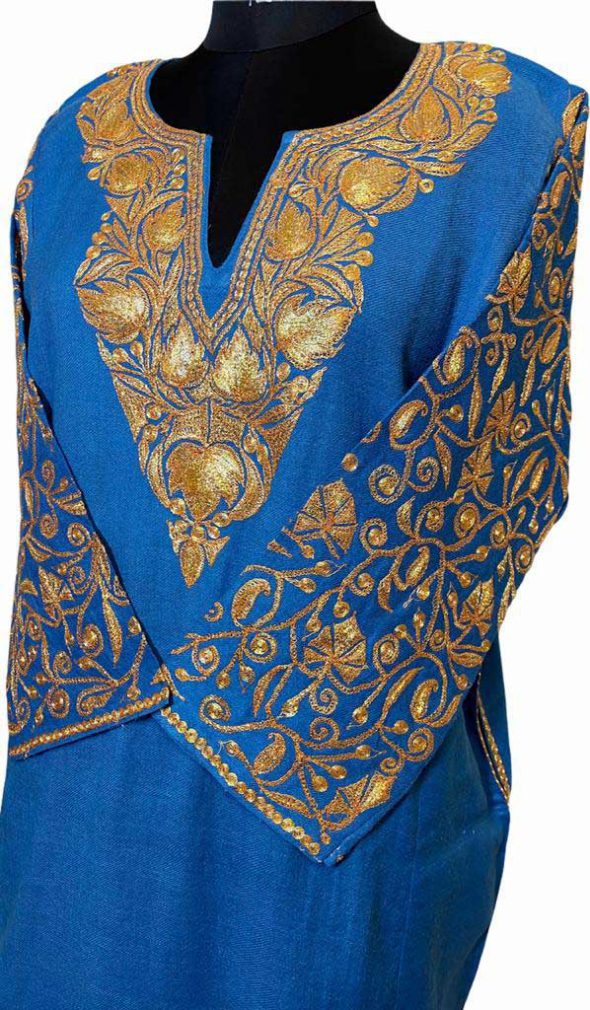 Blue Wool Pheran with Extensive Tilla Work