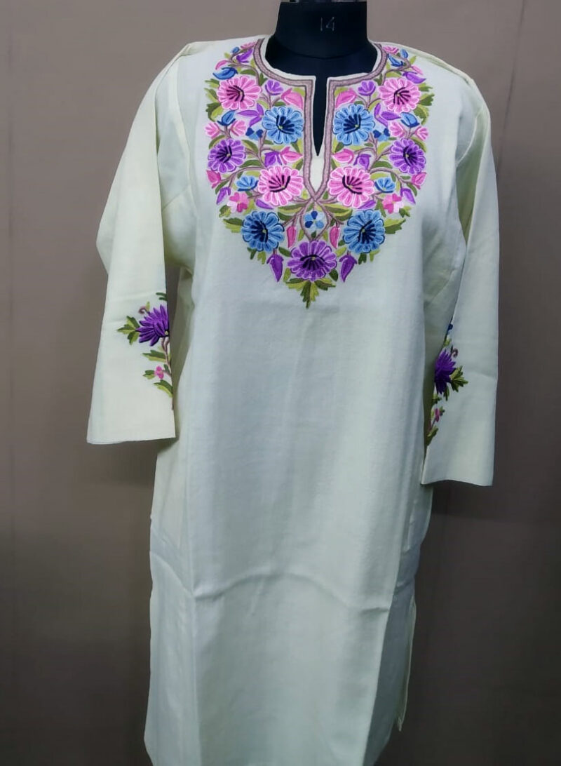 White Pure Wool Pheran With Flower Aari Hand Embroidery