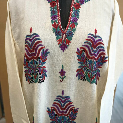 White Pure Wool Pheran With Butte Dar Hand Aari Embroidery