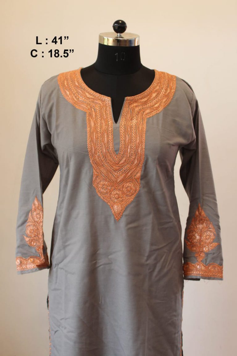 grey kashmiri kurta for ladies with tilla