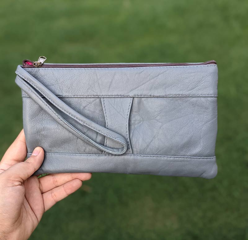 grey leather bag