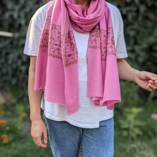 Pink Pashmina Stole With Hand Sozni Embroidery