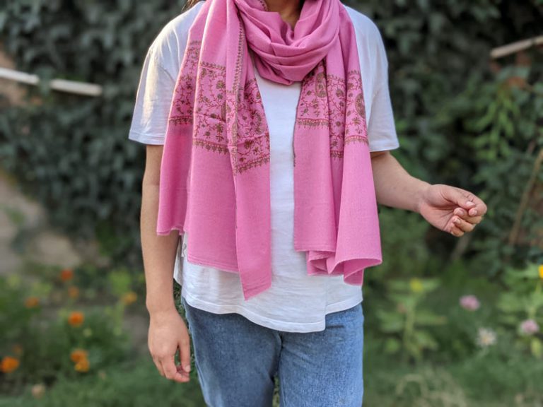 Pink Pashmina Stole With Hand Sozni Embroidery