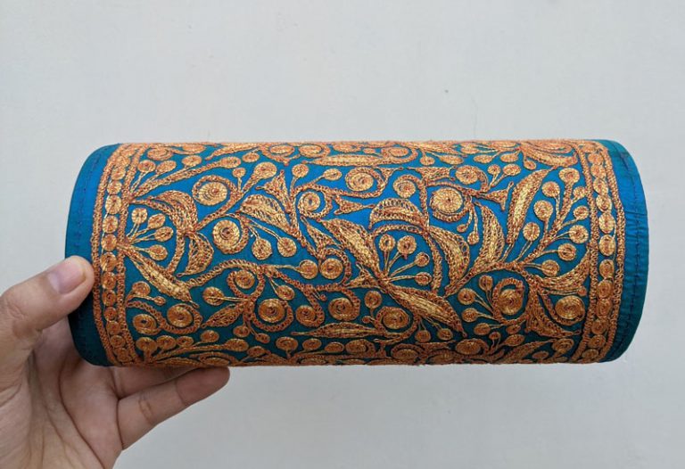 blue bridal kashmiri clutch tilla