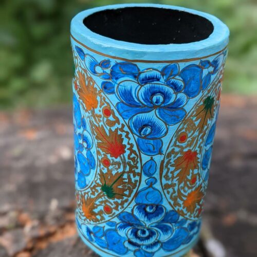 blue papermache pencil holder