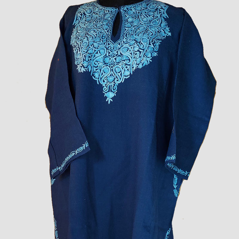 Pure Raffal Wool Blue Pheran With Hand Aari Work