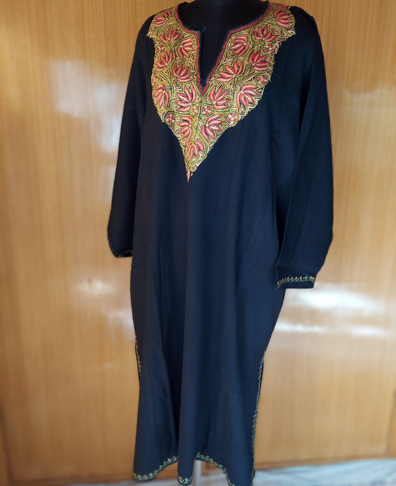 Pure Raffal Wool Black Pheran With Hand Sozni Work - Gyawun