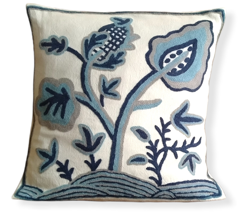 Blue - Silk Thread Crewel Embroidery Cushion Cover (16 x 16) 03