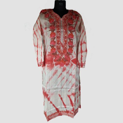 silk red aari work summer kurti