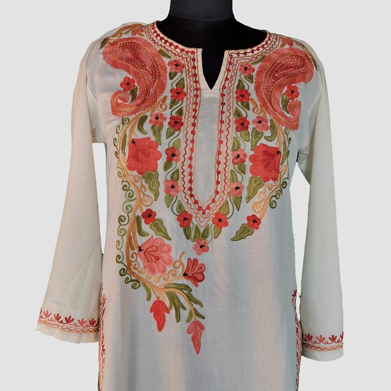 White Summer Cool Floral Aari Work Kurta - Gyawun