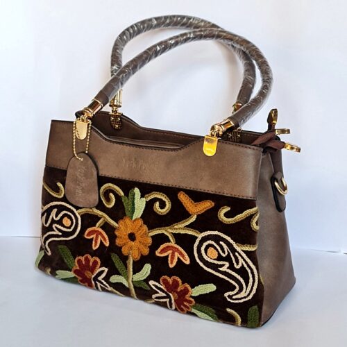 Brown Floral Hand Crewel Work Handheld Bag - Gyawun