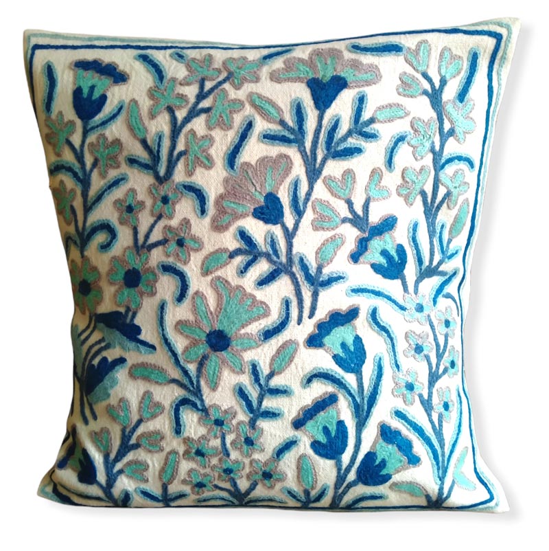 Blue Posh Embroidered Crewel 16×16 Cushion Cover Gyawun