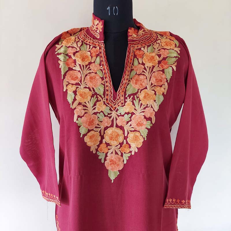 Maroon Summer Kashmiri Aari Work Kurta with Collar - Gyawun