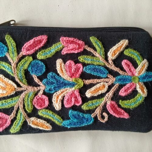 Black Hand Embroidered Crewel Pouch with Stiff Backing