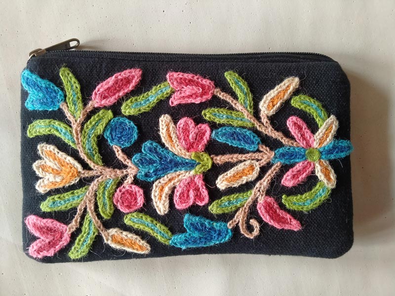 Hand embroidered crewel pouch