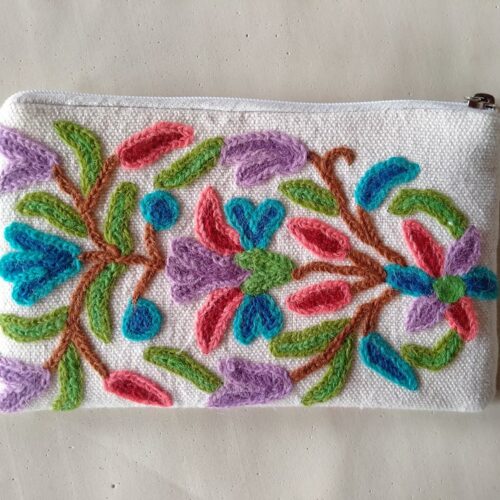 White Hand Embroidered Crewel Pouch with Stiff Backing