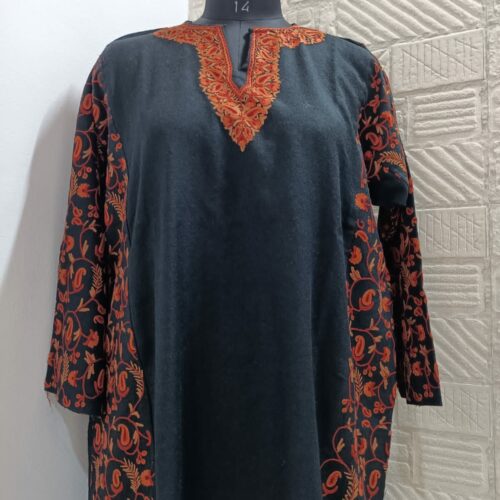 Black Pure Raffal Pheran With Red Hand Aari Embroidery - Gyawun