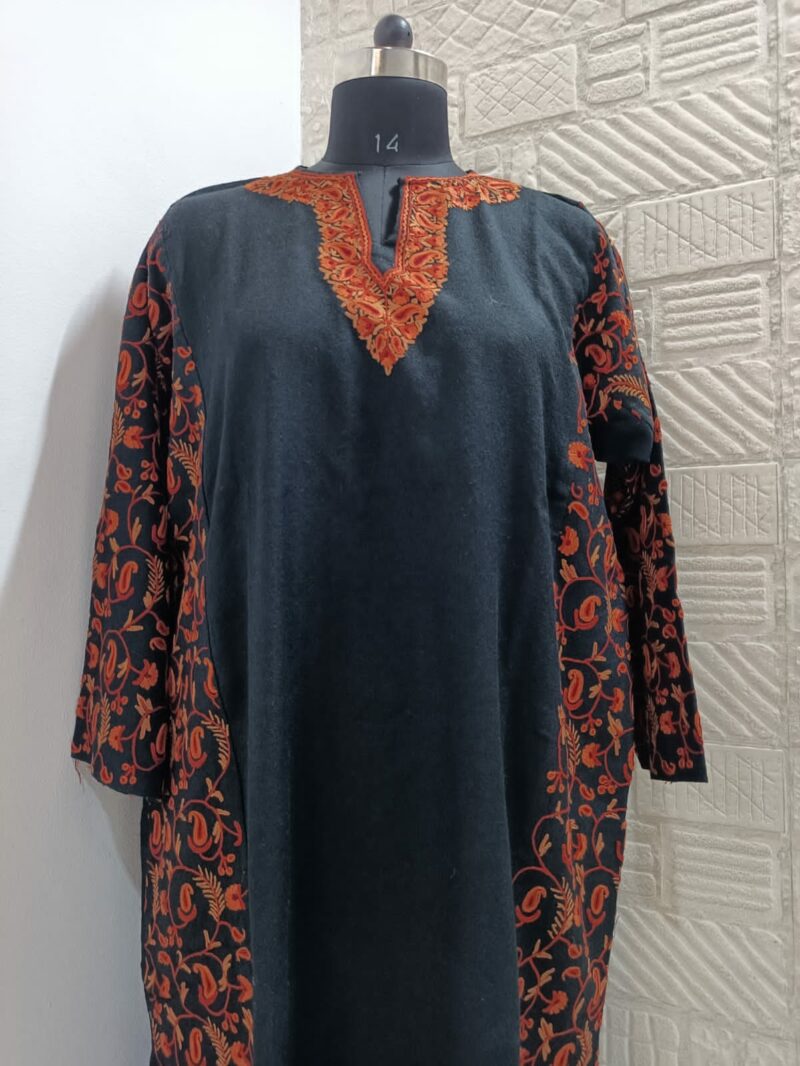black pure raffal pheran with red hand aari embroidery 1