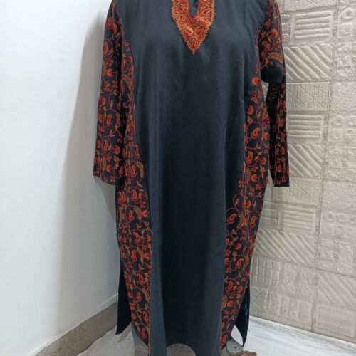 black pure raffal pheran with red hand aari embroidery 2