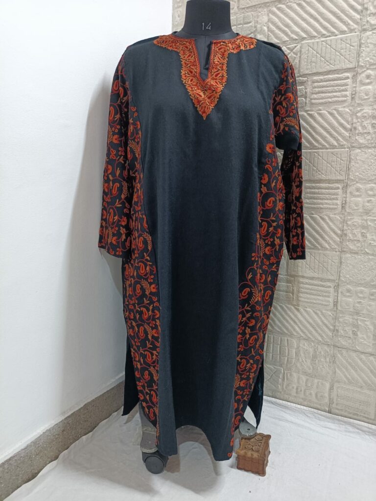 black pure raffal pheran with red hand aari embroidery 2