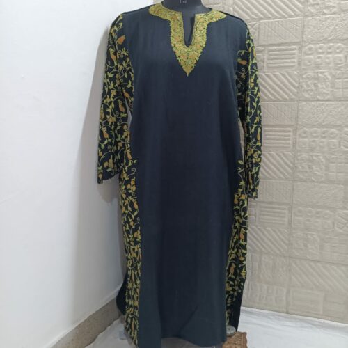 black pure raffal pheran with yellow hand aari embroidery 1