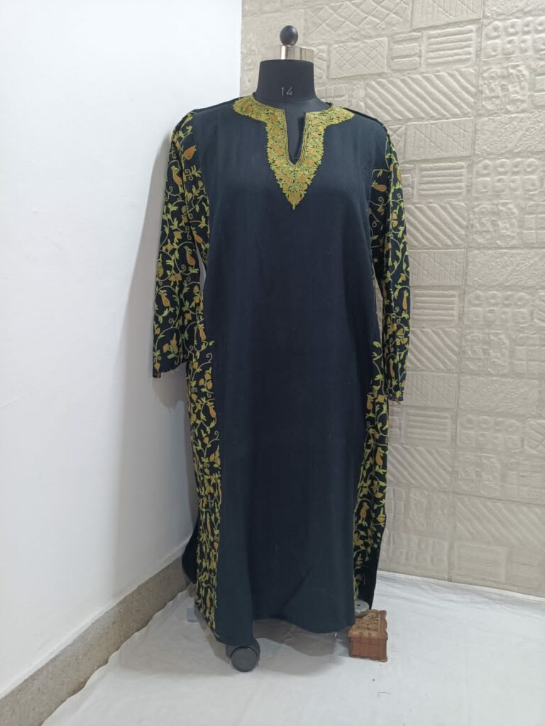 black pure raffal pheran with yellow hand aari embroidery 1